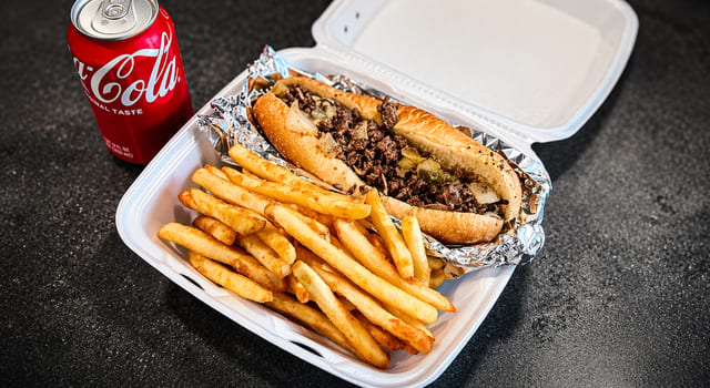 Mini Cheesesteak, Fries & Soda.