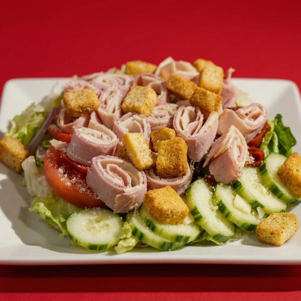A fresh salad with rolled ham, sliced cucumbers, tomatoes, lettuce, and croutons on a white plate.