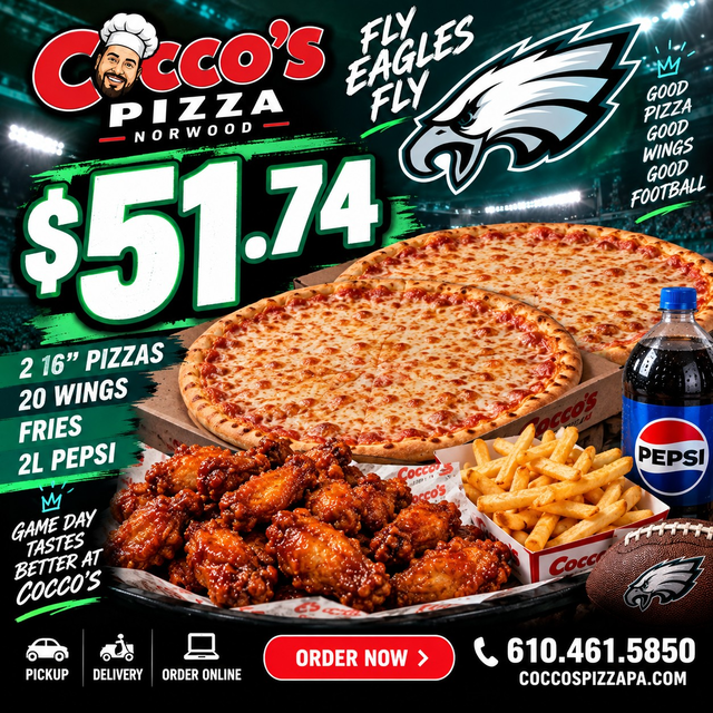 2 Large Cheese Pizza, 20 Wings, Fries & Soda.