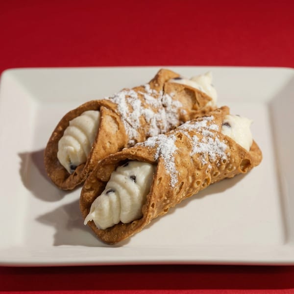 Two cannolis filled with cream and chocolate chips, dusted with powdered sugar, on a white plate.