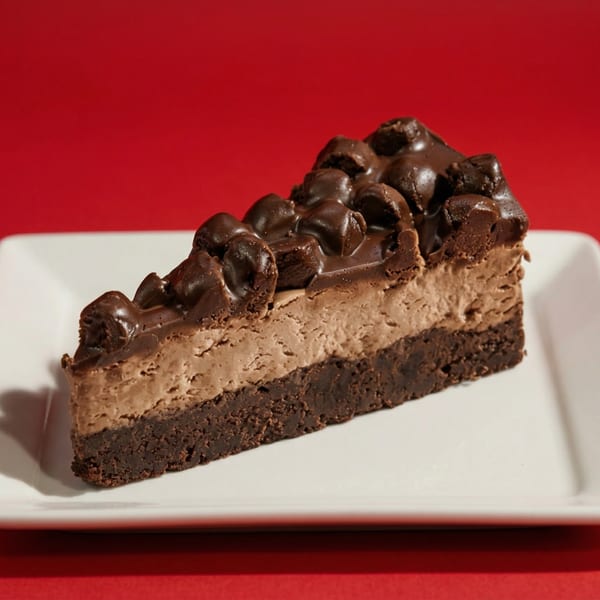 A slice of chocolate cheesecake with a brownie base, chocolate mousse, and chocolate chunks.
