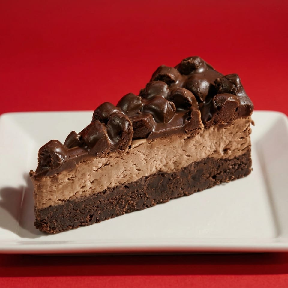 A slice of chocolate cheesecake with a brownie base, chocolate mousse, and chocolate chunks.