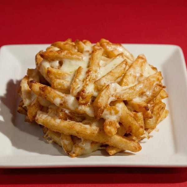 A white rectangular plate holds a mound of golden french fries covered in melted white cheese.