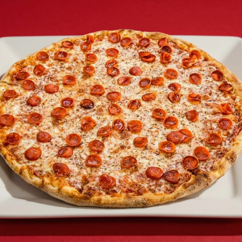 A whole pepperoni pizza with a golden crust and melted cheese, on a white plate against a red background.