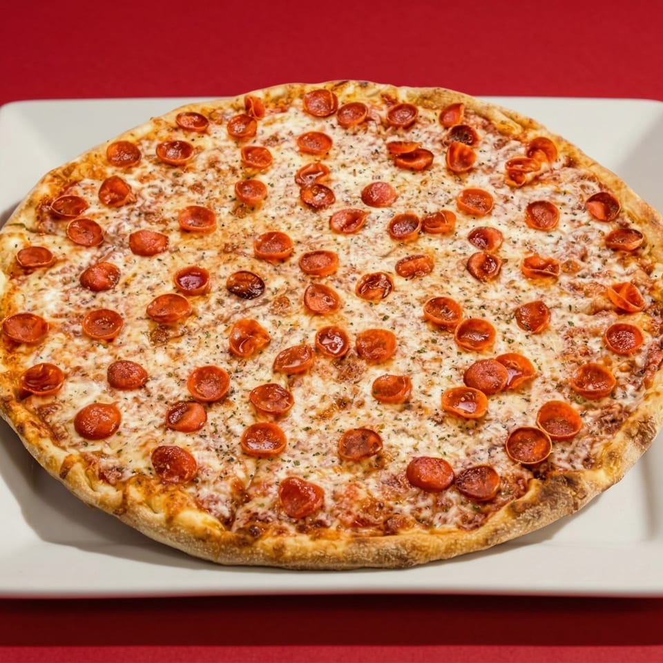 A whole pepperoni pizza with melted cheese and herbs on a white plate against a red background.