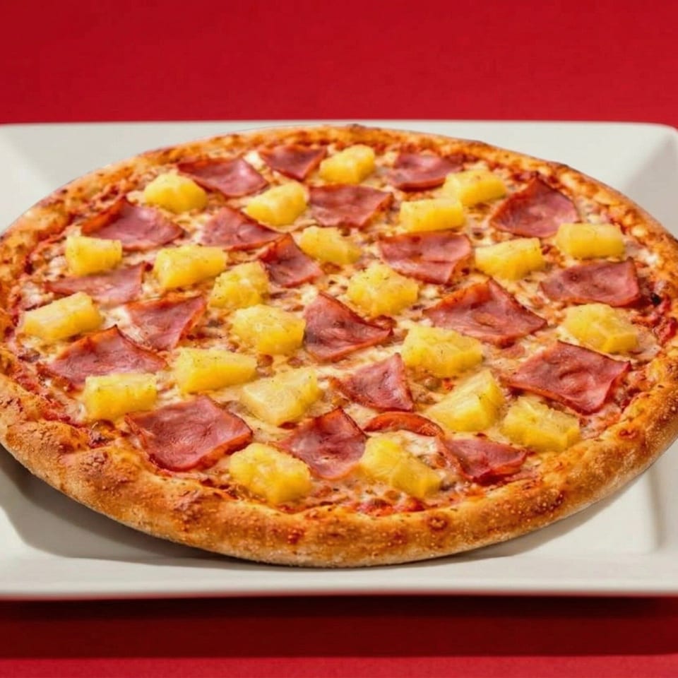 A whole Hawaiian pizza with ham and pineapple on a white plate against a red background.