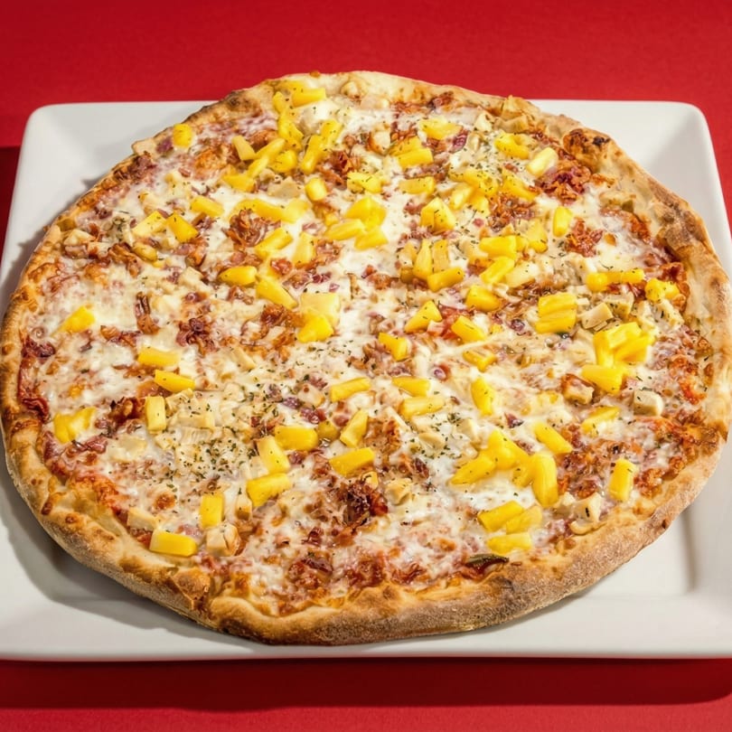 A whole pizza with pineapple, bacon, and chicken on a white plate against a red background.