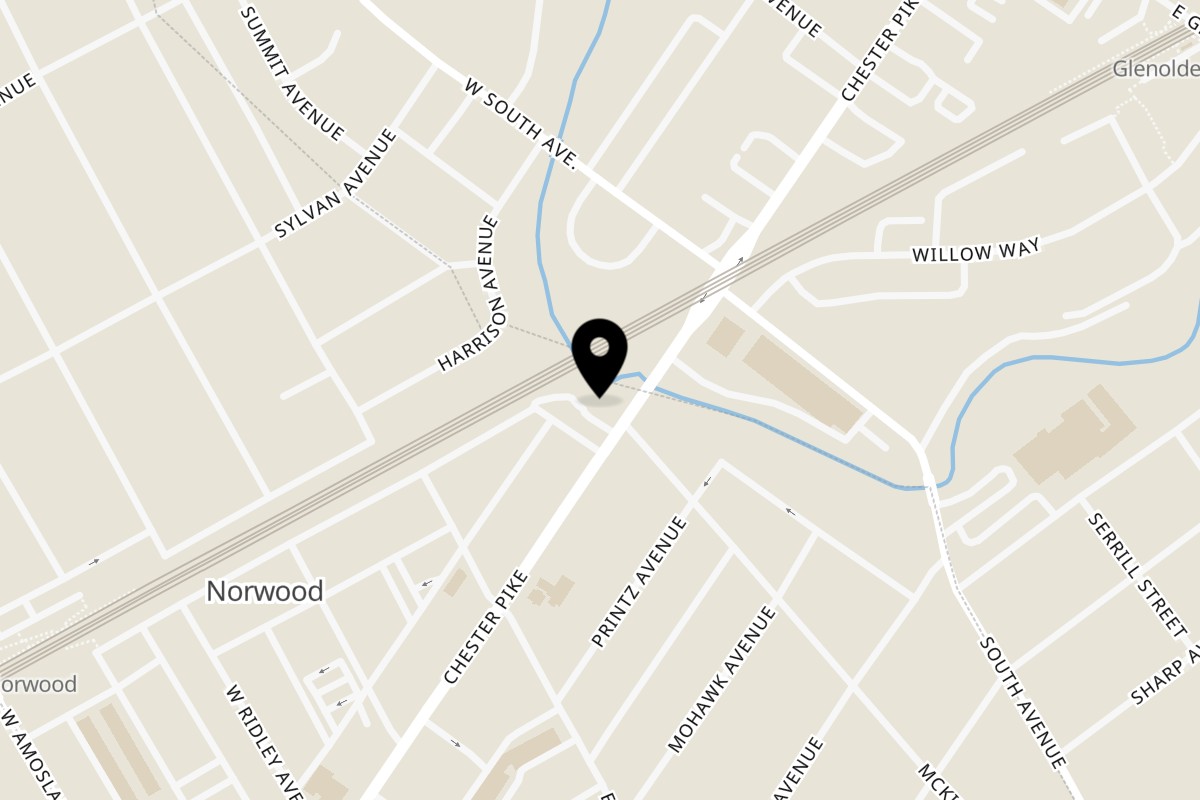 Map showing the location of Cocco's Pizza on 1 Chester Pike in Norwood
